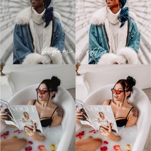 May include: Before and after photo editing comparison of two images. The first image shows a person wearing a blue denim jacket with a white fur collar and a blue beanie. The second image shows the same person wearing the same outfit but with the colors adjusted to be more vibrant and the lighting improved. The second image also has a more warm and inviting tone. The bottom two images show a person in a bathtub with a magazine and rose petals. The first image is a before photo and the second image is an after photo. The after photo has been edited to have more vibrant colors and improved lighting.