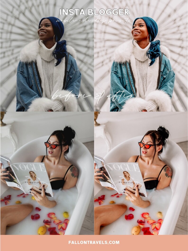 May include: Before and after photo editing comparison of two images. The first image shows a person wearing a blue denim jacket with a white fur collar and a blue beanie. The second image shows the same person wearing the same outfit but with the colors adjusted to be more vibrant and the lighting improved. The second image also has a more warm and inviting tone. The bottom two images show a person in a bathtub with a magazine and rose petals. The first image is a before photo and the second image is an after photo. The after photo has been edited to have more vibrant colors and improved lighting.