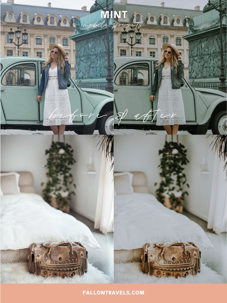 May include: Before and after photo showing the effect of a photo filter. The before photo shows a woman standing next to a light green car in front of a building. The after photo shows the same scene with a more muted color palette and a warmer tone. The text "MINT mobile presets" is visible in the top center of the image.