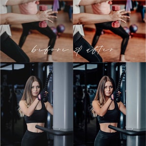 May include: Before and after photos showing the difference in a fitness photo edit. The before photo is darker and less vibrant. The after photo is brighter and more colorful. The photos show a woman working out at the gym.