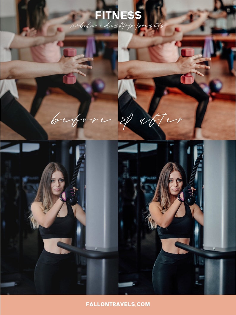 May include: Before and after photos showing the difference in a fitness photo edit. The before photo is darker and less vibrant. The after photo is brighter and more colorful. The photos show a woman working out at the gym.
