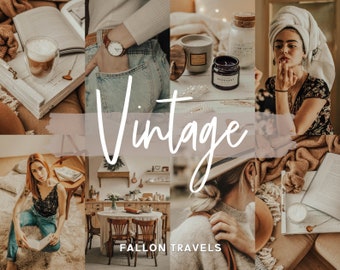 May include: A collage of images with a vintage aesthetic. The images include a woman wearing a white shirt and jeans, a woman wearing a white towel on her head, a woman reading a book, a kitchen with a wooden table and chairs, and a book with a cup of coffee on top. The text "Vintage" is written in white on a pink background.