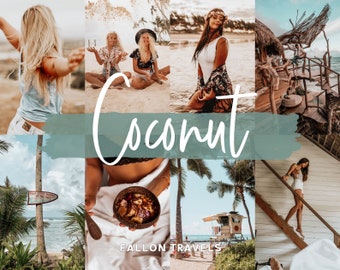 5 Coconut Lightroom mobiele en desktop-voorinstellingen, strandzomerfotobewerkingsfilter voor Instagram-reizen, tropische beïnvloedervoorinstelling