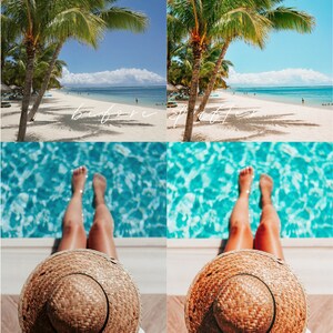 Op de afbeelding: Een voor- en na-afbeelding die de effecten van een mobiel en desktop fotobewerkingspreset laat zien. De voor-afbeelding toont een strandscene met palmbomen, blauw water en wit zand. De na-afbeelding toont dezelfde sc&egrave;ne met verbeterde kleuren en contrast. De tekst "PARADISE" staat bovenaan de afbeelding.