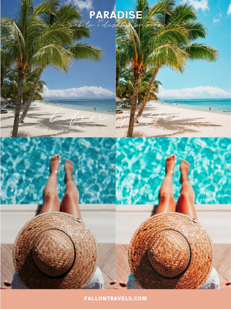 Op de afbeelding: Een voor- en na-afbeelding die de effecten van een mobiel en desktop fotobewerkingspreset laat zien. De voor-afbeelding toont een strandscene met palmbomen, blauw water en wit zand. De na-afbeelding toont dezelfde sc&egrave;ne met verbeterde kleuren en contrast. De tekst "PARADISE" staat bovenaan de afbeelding.
