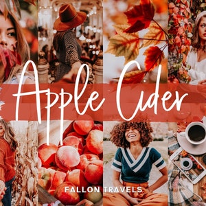 May include: A collage of fall-themed images featuring a woman in a white sweater, a woman in a red sweater, a woman in a blue and white striped shirt, a cup of coffee, a plate of cookies, a pile of peaches, and a woman in a brown hat. The text "Apple Cider" is written in white on a red background.