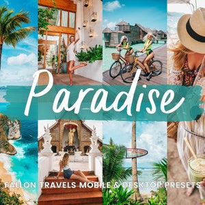 Op de afbeelding: Een collage van afbeeldingen die tropische bestemmingen laten zien, met stranden, palmbomen, helderblauw water en mensen die genieten van de buitenlucht. De tekst "Paradise" is in een gestileerd lettertype over het midden van de collage geschreven. De tekst "Fallon Travels Mobile & Desktop Presets" staat onderaan de collage.