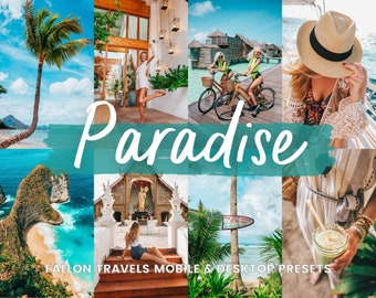 May include: A collage of images showcasing tropical destinations, featuring beaches, palm trees, clear blue water, and people enjoying the outdoors. The text "Paradise" is written in a stylized font across the center of the collage. The text "Fallon Travels Mobile & Desktop Presets" is written at the bottom of the collage.