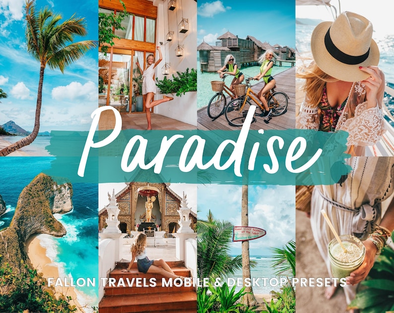 Op de afbeelding: Een collage van afbeeldingen die tropische bestemmingen laten zien, met stranden, palmbomen, helderblauw water en mensen die genieten van de buitenlucht. De tekst "Paradise" is in een gestileerd lettertype over het midden van de collage geschreven. De tekst "Fallon Travels Mobile & Desktop Presets" staat onderaan de collage.