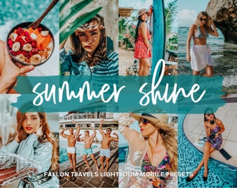 May include: A collage of photos featuring people enjoying summer activities, including swimming, sunbathing, and eating fruit. The text "summer shine" is written in white on a teal background. The text "FALLON TRAVELS LIGHTROOM MOBILE PRESETS" is written in white on a black background.