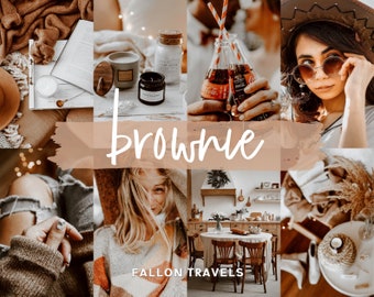 May include: A collage of images featuring a variety of home decor items, including candles, a bottle of soda, a kitchen with a wooden table and chairs, and a person wearing a brown sweater. The text "brownie" is written in white on a brown background.