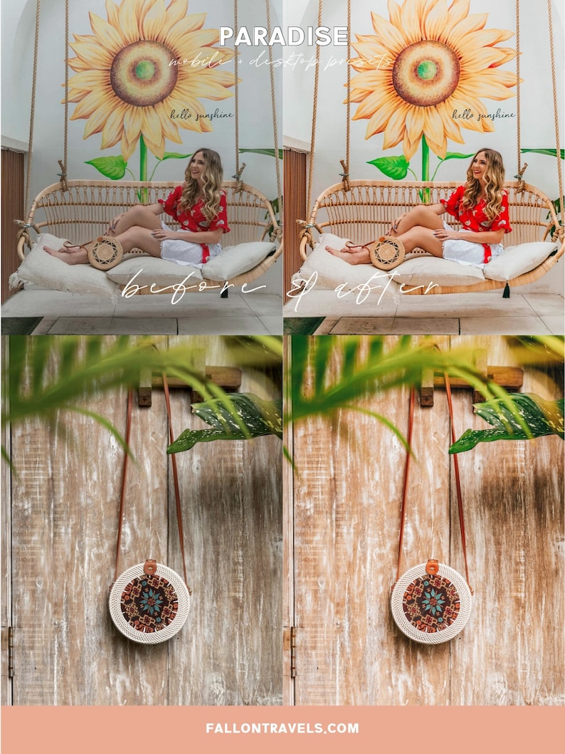 Op de afbeelding: Een voor- en na-afbeelding die het verschil in kleur en helderheid van een foto laat zien. De voor-afbeelding is iets donkerder en minder levendig. De na-afbeelding is helderder en levendiger. De afbeelding toont een vrouw die op een schommel zit met een zonnebloemmuurschildering achter haar. De tweede afbeelding toont een ronde geweven tas die aan een houten muur hangt.