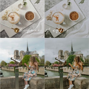 May include: Before and after photo showing the difference between a photo edited with a mobile preset and a photo that has not been edited. The top image shows a cup of coffee with cinnamon on top, a small bowl of brown sugar, and a sprig of greenery on a white surface. The bottom image shows a woman in a floral dress sitting on a stone wall in front of a building with a telescope. The text "MINT mobile presets" is visible in the top image.