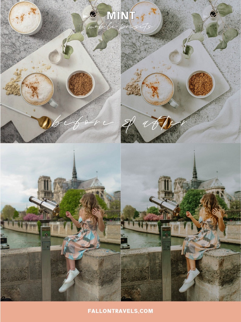 May include: Before and after photo showing the difference between a photo edited with a mobile preset and a photo that has not been edited. The top image shows a cup of coffee with cinnamon on top, a small bowl of brown sugar, and a sprig of greenery on a white surface. The bottom image shows a woman in a floral dress sitting on a stone wall in front of a building with a telescope. The text "MINT mobile presets" is visible in the top image.