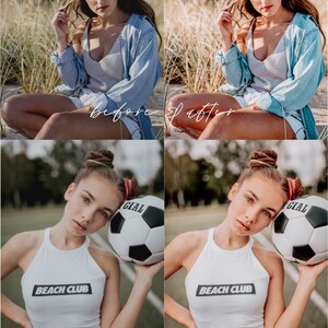 May include: Two images showing the before and after effects of a photo filter. The first image shows a person sitting in tall grass wearing a blue jean shirt and a white tank top. The second image shows the same person with a more vibrant and colorful look. The person is holding a soccer ball with the word "GIAL" on it. The person is wearing a white tank top with the words "BEACH CLUB" printed on it.
