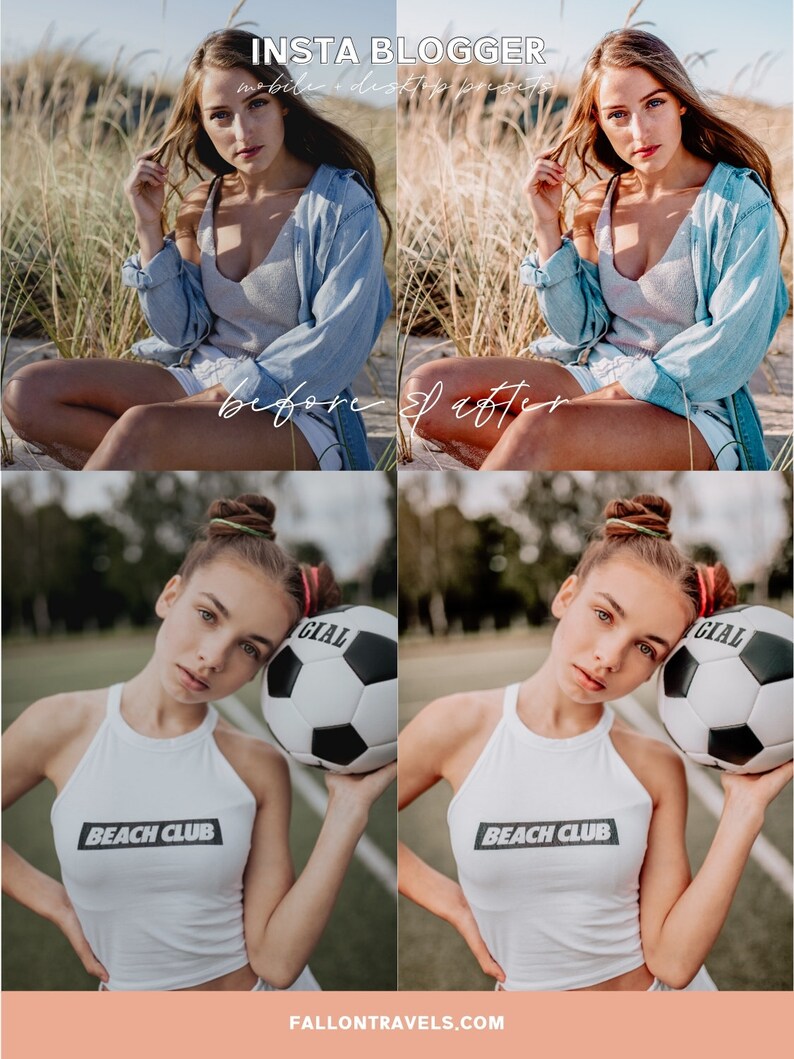 May include: Two images showing the before and after effects of a photo filter. The first image shows a person sitting in tall grass wearing a blue jean shirt and a white tank top. The second image shows the same person with a more vibrant and colorful look. The person is holding a soccer ball with the word "GIAL" on it. The person is wearing a white tank top with the words "BEACH CLUB" printed on it.