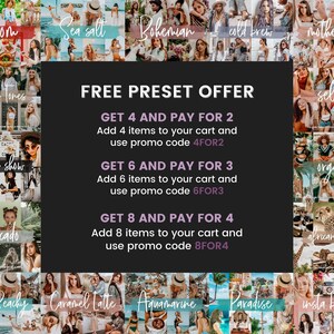 Op de afbeelding: Een collage van afbeeldingen met tekstoverlays die een gratis preset-aanbieding voor fotobewerking promoten. De aanbieding omvat kortingen bij de aankoop van 4, 6 of 8 presets. De tekst bevat de promocodes 4FOR2, 6FOR3 en 8FOR4.