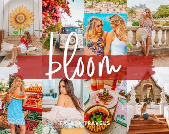 May include: A collage of images featuring travel destinations, food, and people. The images include a sunflower mural, a white van, a beach scene, a woman in a floral dress, a woman in a white tank top, a woman in a blue dress, a woman in a white sweater, a bowl of fruit, a plate of waffles, a woman in a blue skirt, and a temple in Thailand. The collage is titled "Bloom" and includes the text "Fallon Travels".