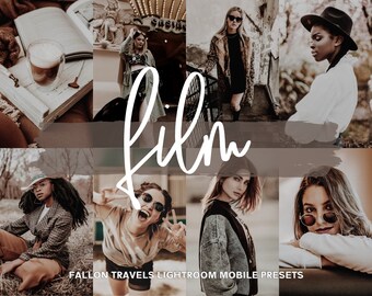 May include: A collage of images featuring people wearing stylish clothing and accessories. The images are edited with a vintage film aesthetic. The text "film" is written in white cursive across the center of the collage. The text "FALLON TRAVELS LIGHTROOM MOBILE PRESETS" is written in white at the bottom of the collage.
