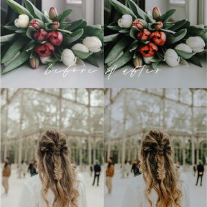 May include: Before and after photo showing the effect of a mobile preset filter on a photo of a bouquet of white and red tulips and a photo of a person with long blonde hair wearing a white shirt. The text "MINT mobile presets" is at the top of the image. The text "before & after" is below the photos.