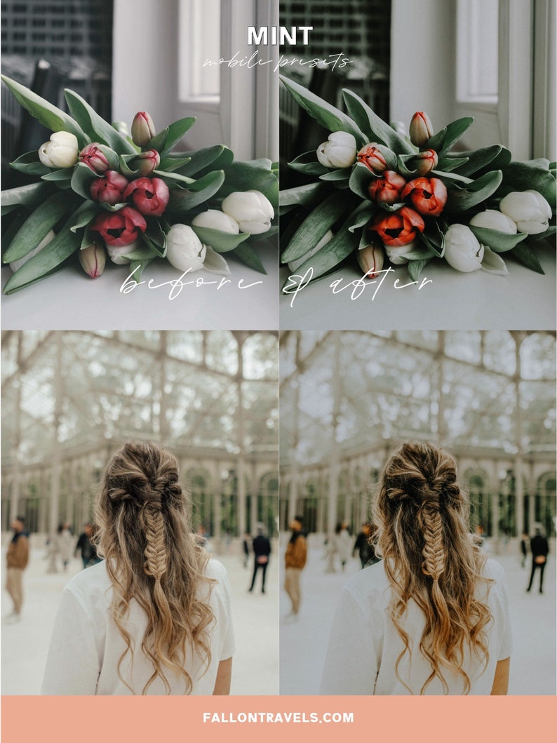 May include: Before and after photo showing the effect of a mobile preset filter on a photo of a bouquet of white and red tulips and a photo of a person with long blonde hair wearing a white shirt. The text "MINT mobile presets" is at the top of the image. The text "before & after" is below the photos.