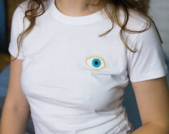 Turquoise eye women's t-shirt, Hand embroidered white t shirt, mother's day gift, Unusual shirt, gift for her, Valentine's day gift