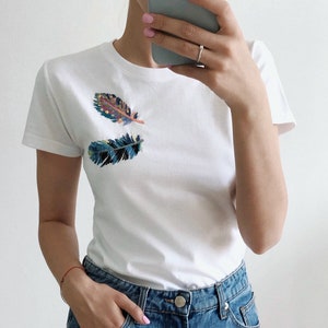 Feathers embroidery tee, Cute boho style shirt, Hand embroidered tee, Unusual women's t shirt, gift for her, gift mature, Christmas gifts image 2