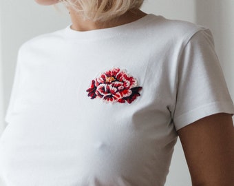 Floral embroidery shirt, hand embroidery, Hand stitched shirt, Florist gift shirt, gift for her, botanical tee shirt, red flowers, Boho