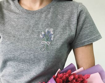 Botanical embroidery unusual women's t-shirt, Boho style white t-shirt, Lavender embroidery, Floral embroidery, Sexy shirt, Hand embroidery