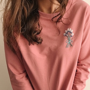 Cute crewneck lavender embroidery sweatshirt, Personalized gift, Women's oversized pink sweatshirt, Christmas gifts for her, holiday apparel