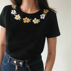 Cute Chamomile Hand Embroidered Tee Black Women's Floral - Etsy