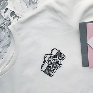 Photographer white women's t-shirt, Clothing, Hand embroidered camera t-shirt, gift for photographers, Camera lovers shirt, gift for her image 3