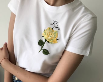 Mother's Day Rose hand embroidered t-shirt, Unusual Floral embroidery shirt, Birth Month, Personalized Gift, self gifts, mom gifts under 50