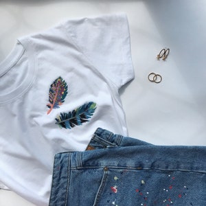 Feathers embroidery tee, Cute boho style shirt, Hand embroidered tee, Unusual women's t shirt, gift for her, gift mature, Christmas gifts image 1