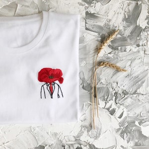 Unusual poppy flower tee shirt, Floral embroidery shirt, Red poppy hand embroidery, Birthday gift, Hand stitched shirt, gift for her