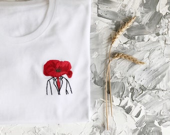 Unusual poppy flower tee shirt, Floral embroidery shirt, Red poppy hand embroidery, Birthday gift, Hand stitched shirt, gift for her