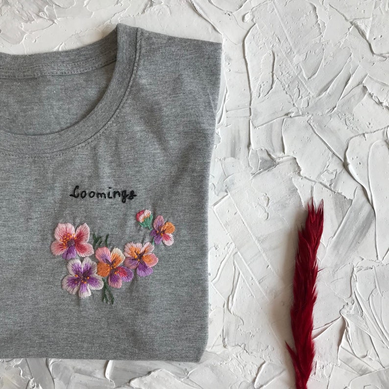 Embroidered tee, Floral Hand embroidery, High quality shirt, holiday apparel image 3