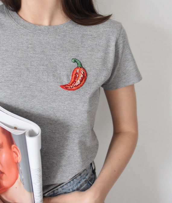 Hand embroidery t-shirt, Chili Pepper shirt, Custom embroidery design, boho style t shirt, Mother's Day gift, Mom shirt, RHCP fan gifts
