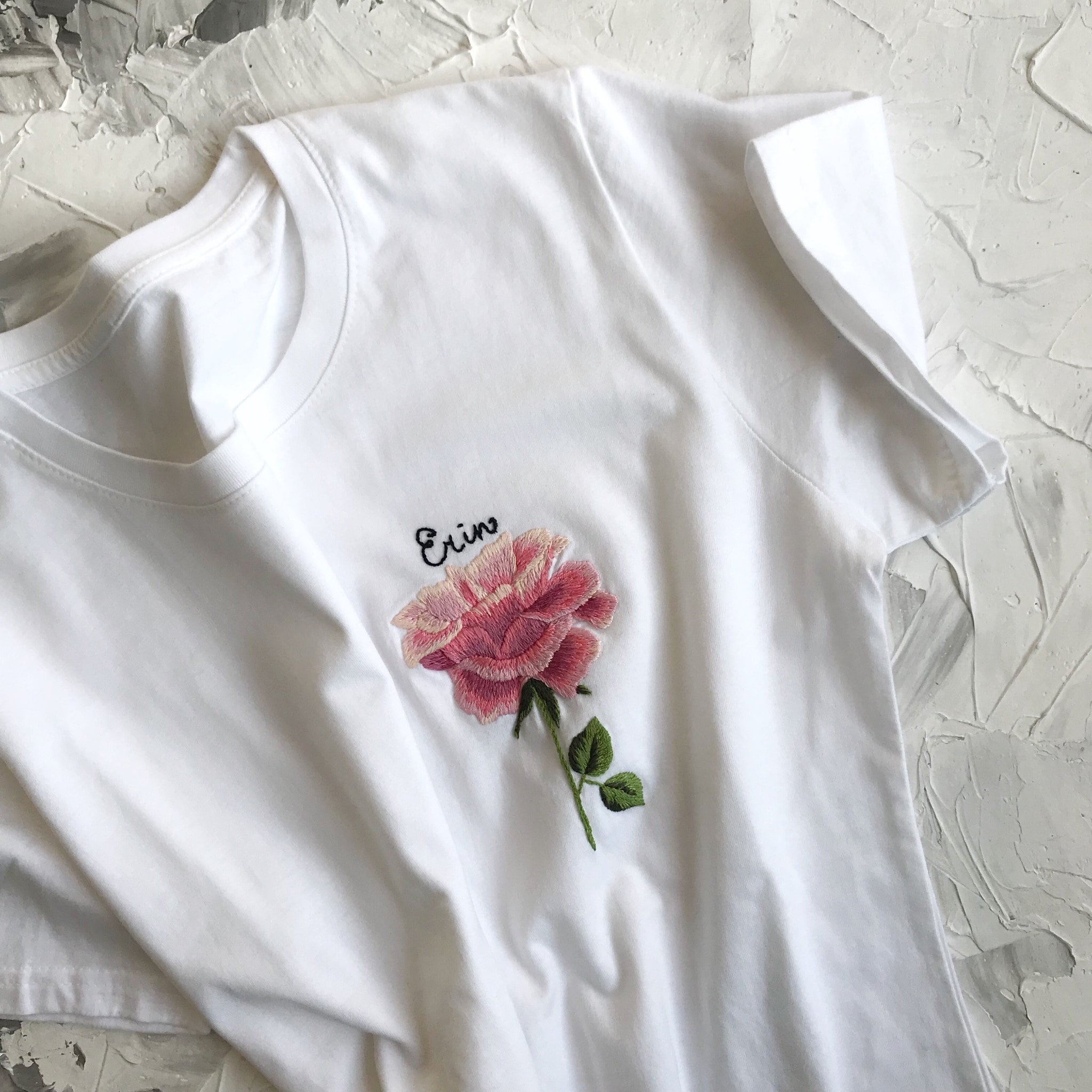 Rose Hand Embroidered T-shirt Unusual Floral Embroidery 