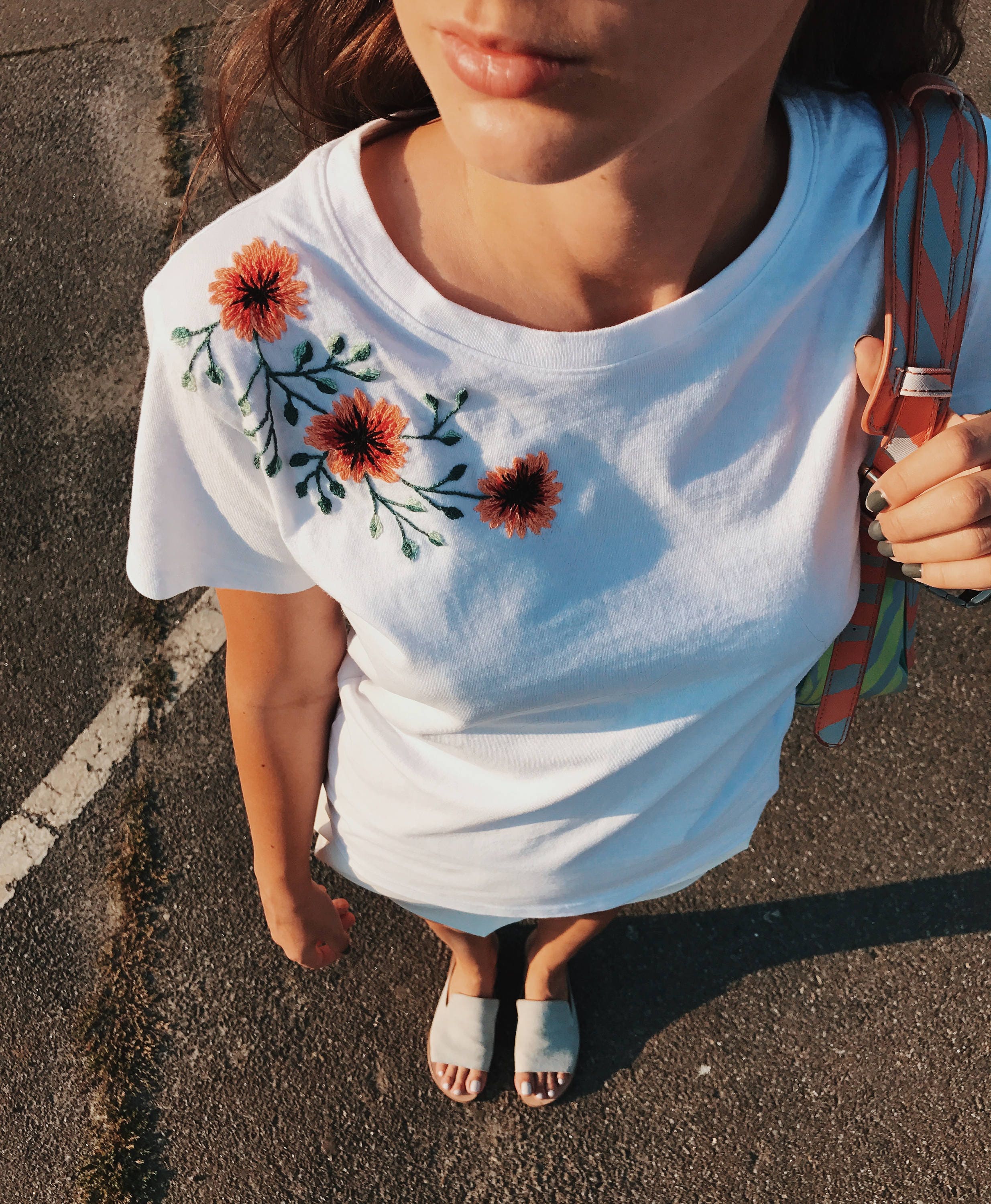Botanical Embroidery Unusual Women's T-shirt, Boho Style T
