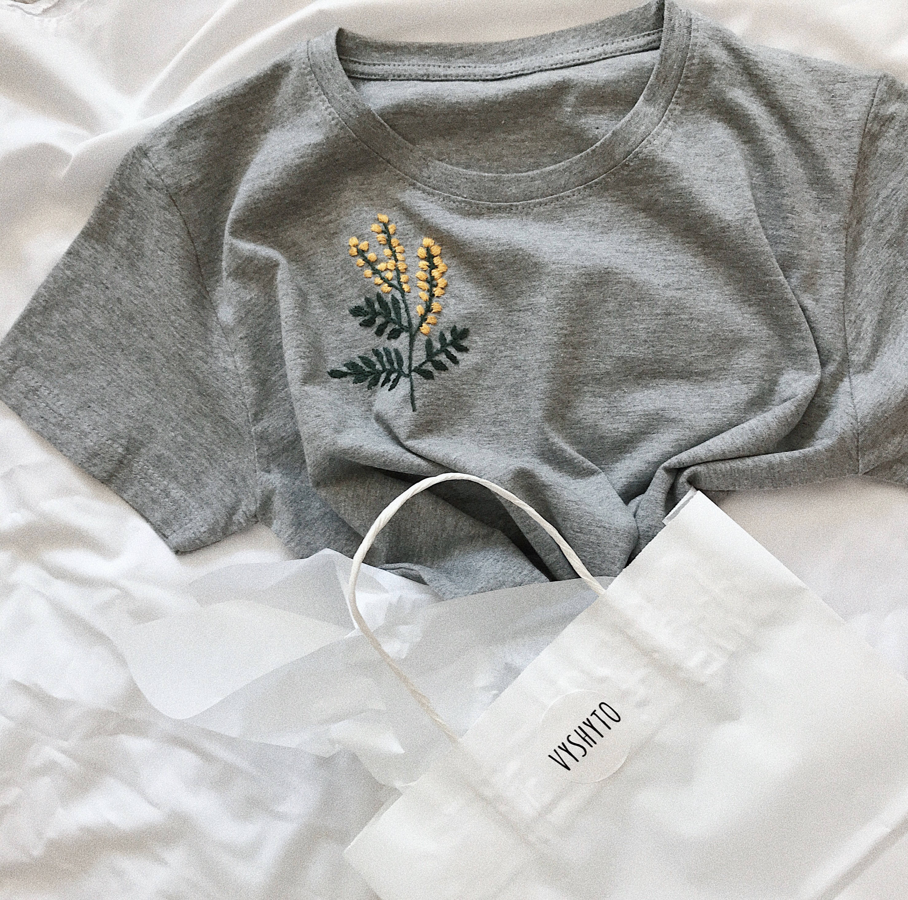 Embroidered Floral Tee Shirt, Mimosa Flower Tee, Hand