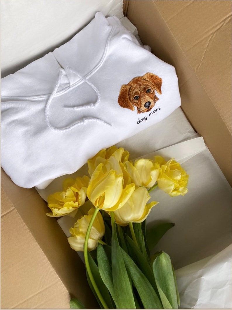 White hooded sweatshirt with custom hand embroidery of your pet portrait with custom text or name.