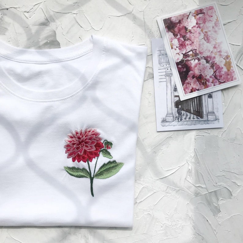 Dahlia flower shirt, Hand embroidery tee, Floral t-shirt, Beautiful unusual tee, Botanical embroidery, gift for her, Mother's Day gift, tee image 1