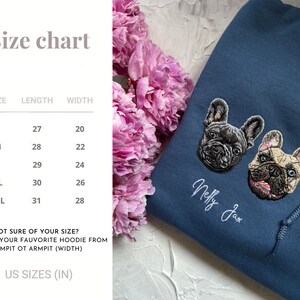 May include: Size chart for a hoodie with measurements in inches. The chart shows the length and width of the hoodie in inches for sizes S, M, L, XL, and 2XL. The hoodie is blue and features an embroidered image of two French Bulldogs with the names "Nelly" and "Jax" underneath.