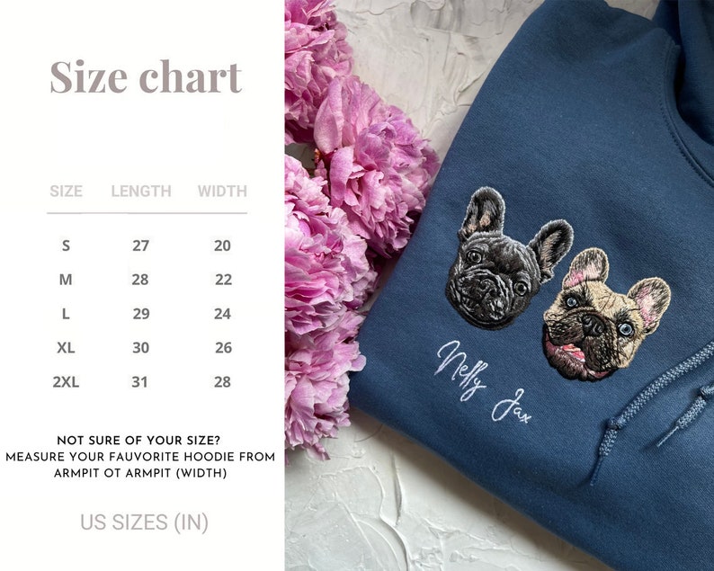 May include: Size chart for a hoodie with measurements in inches. The chart shows the length and width of the hoodie in inches for sizes S, M, L, XL, and 2XL. The hoodie is blue and features an embroidered image of two French Bulldogs with the names "Nelly" and "Jax" underneath.