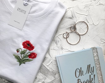 Poppy botanical shirt, Hand embroidery, Floral t-shirt, Unusual women's tee, florist gift t-shirt, Mother's Day gifts, Californian poppy