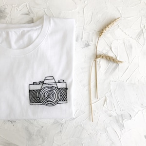 Photographer white women's t-shirt, Clothing, Hand embroidered camera t-shirt, gift for photographers, Camera lovers shirt, gift for her image 1