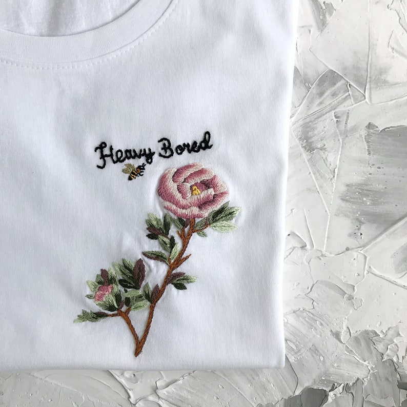 Embroidered tee, Floral Hand embroidery, High quality shirt, holiday apparel image 4