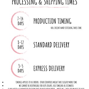 May include: A graphic showing processing and shipping times for orders. Production takes 7-14 days, standard delivery takes 8-12 days, and express delivery takes 3-5 days. The text "Heh, decent hand stitching takes time" is included.