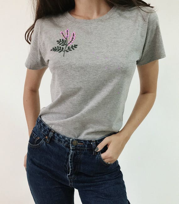 Embroidered Floral Tee Shirt Mimosa Flower Tee Hand | Etsy
